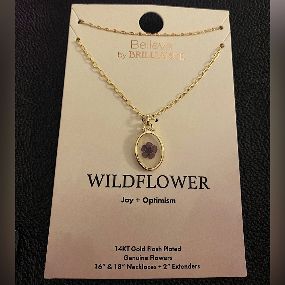 Purple Wildflower in Resin Pendant 14k Gold Plated Sterling Silver - Picture 2 of 3